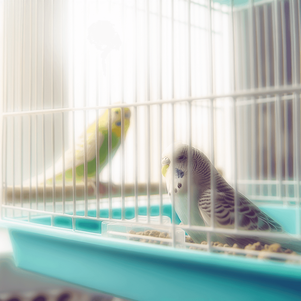 Cuidados diarios básicos para aves domésticas pequeñas 3 Diferentes aves pequeñas (periquito, canario) en jaulas limpias, con comida y agua fresca, luz natural.