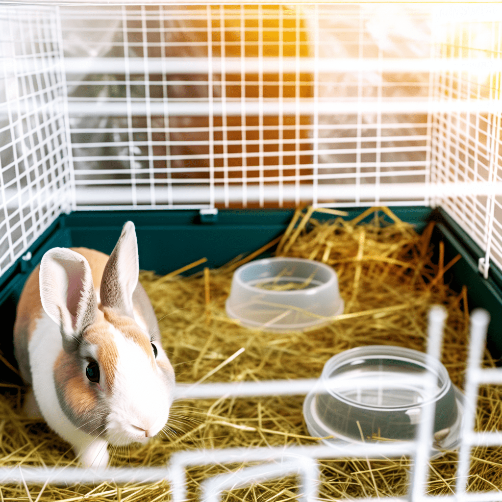 Cuidados esenciales para conejos en casa: jaula, comida y salud 3 Conejo en jaula limpia con heno, agua y espacio para moverse, ambiente hogareño.