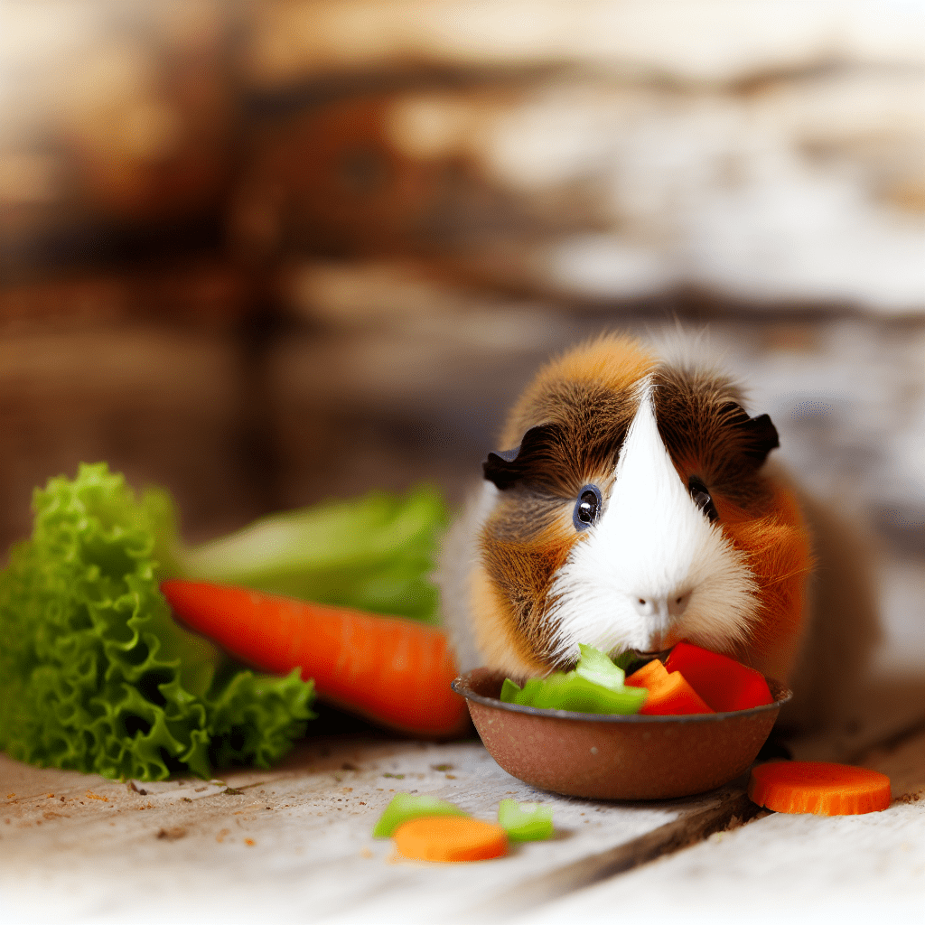 Dieta natural para cobayas: qué deben y no deben comer 3 Cobaya comiendo vegetales frescos (zanahoria, lechuga, pimiento) en plato bajo en una cocina natural.