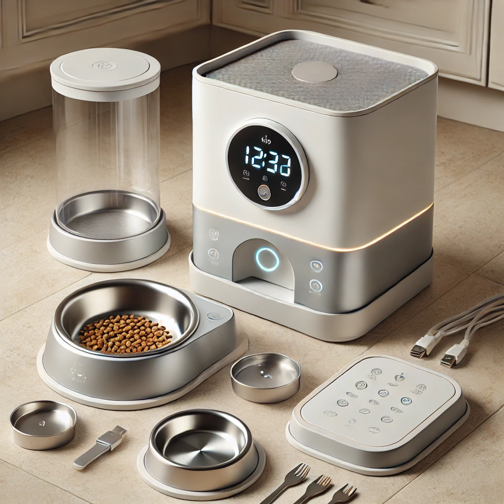 Componentes del comedero automático PETLIBRO listos para armar Imagen del comedero automático PETLIBRO desarmado, mostrando sus piezas: tazón de acero, depósito, tapa con rosca y panel digital.