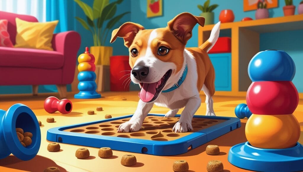¡El Reto del Olfato! Juegos Educativos para Perros que Potencian su Nariz 3 Perro entrenando el olfato con un Snuffle Mat, rodeado de juguetes interactivos en un entorno vibrante.