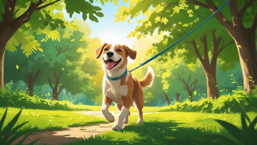 Beneficios físicos y mentales de pasear a tu perro cada día 4 Leonardo Phoenix 10 A joyful dog happily walking on a leash in 3