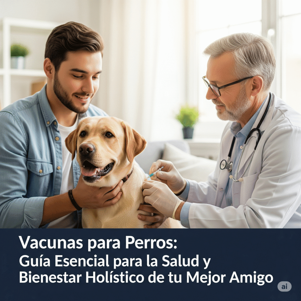 Vacunas para Perros: Guía Esencial para la Salud y Bienestar Holístico de tu Mejor Amigo 3 Veterinario administrando vacuna a perro feliz con su dueño - Salud y bienestar canino