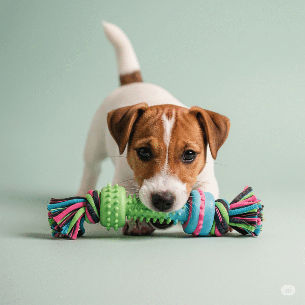 Mi Cachorro Muerde Todo: Soluciones Efectivas para la Etapa de Mordisqueo 6 Un adorable cachorro Jack Russell terrier mordiendo un juguete colorido, destacando la importancia de redirigir el comportamiento de morder hacia objetos apropiados.