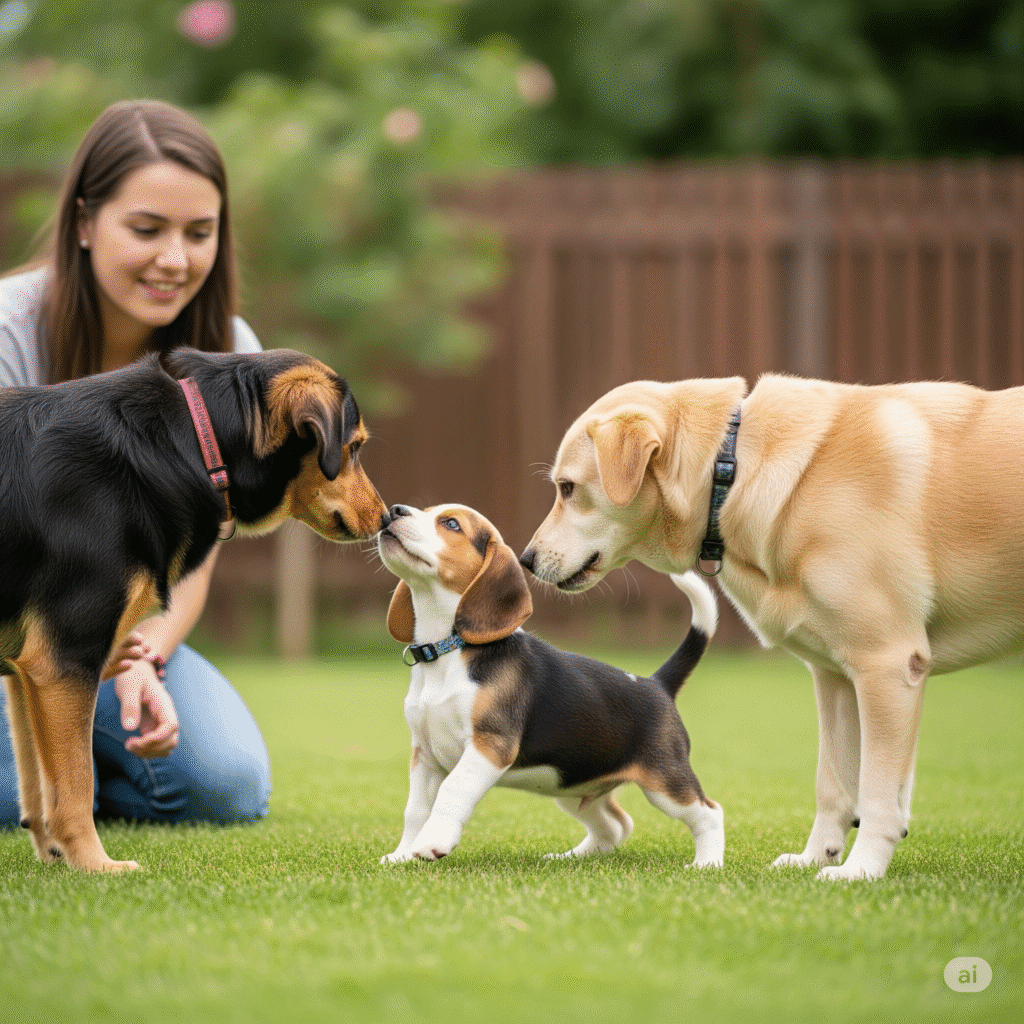 Cómo Cortar Uñas a un Perro: Guía Paso a Paso para un Corte Seguro y Sin Estrés 7 cachorro con expresiones de juego rudo y otro perro o humano en una interacción de socialización, con texto "Socialización de Cachorros Agresivos"ocachorro jugando o gruñendo con otro perro en una situación de socialización controlada, con un tono de advertencia