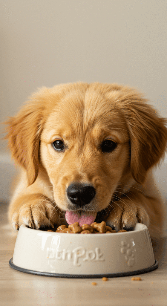Recetas Caseras para Cachorros de Hasta 3 Meses: Cocina con Amor y Cuida su Salud 8 Cachorro feliz comiendo un plato de comida casera nutritiva preparada especialmente para él, ideal para su desarrollo.