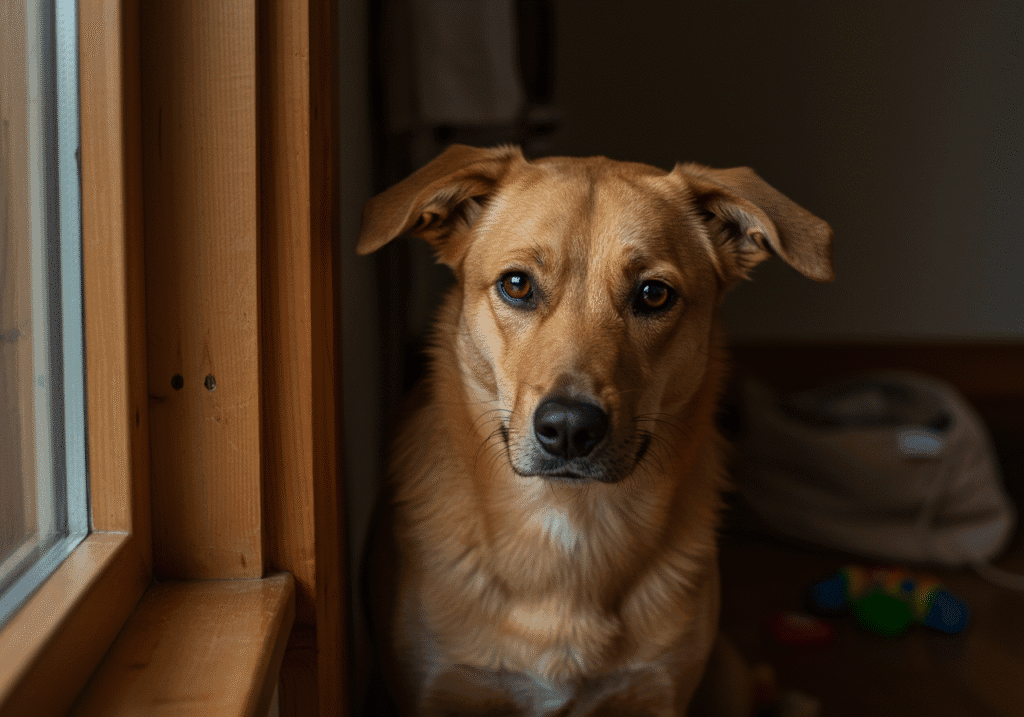 Cómo Cortar Uñas a un Perro: Guía Paso a Paso para un Corte Seguro y Sin Estrés 5 cachorro mirando por la ventana con expresión de tristeza o angustia, simulando ansiedad por separación, con un tono cálido y esperanzador