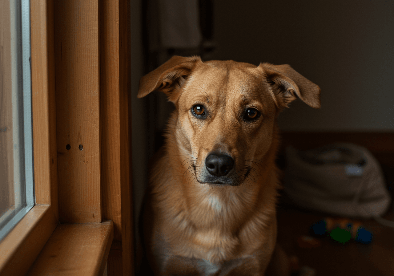 Ansiedad por Separación en Cachorros: Guía Completa para un Adiós sin Lágrimas 5 cachorro mirando por la ventana con expresión de tristeza o angustia, simulando ansiedad por separación, con un tono cálido y esperanzador