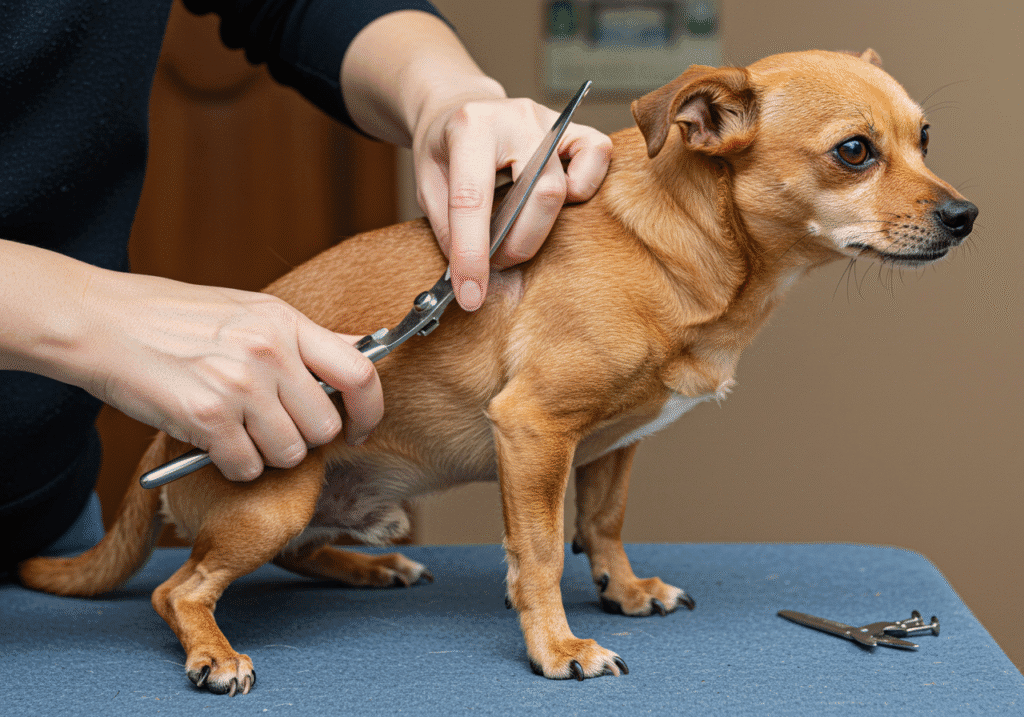 Cómo Cortar Uñas a un Perro: Guía Paso a Paso para un Corte Seguro y Sin Estrés 2 persona cortando cuidadosamente las uñas de un perro tranquilo, mostrando un cortauñas y la pata del perro en primer plano, con un tono educativo y de confianza.