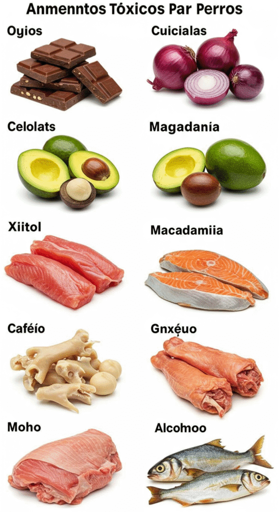 Alimentos Tóxicos para Perros: ¡Protege a tu Mejor Amigo de Peligros Ocultos en Casa! 7 Imagen que ilustra alimentos peligrosos para perros, como chocolate, uvas, cebolla y xilitol