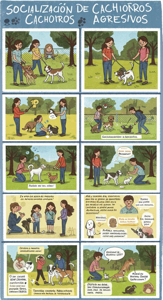 Socialización de Cachorros Agresivos: Guía Esencial para Prevenir y Corregir Comportamientos Problemáticos 3 cachorro con expresiones de juego rudo y otro perro o humano en una interacción de socialización, con texto "Socialización de Cachorros Agresivos"ocachorro jugando o gruñendo con otro perro en una situación de socialización controlada, con un tono de advertencia